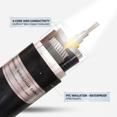 كابل طاقة معزول PVC مقاوم للماء IP68 0.6/1kV 4x25 مم2 دفن مباشر تحت الأرض مزود
